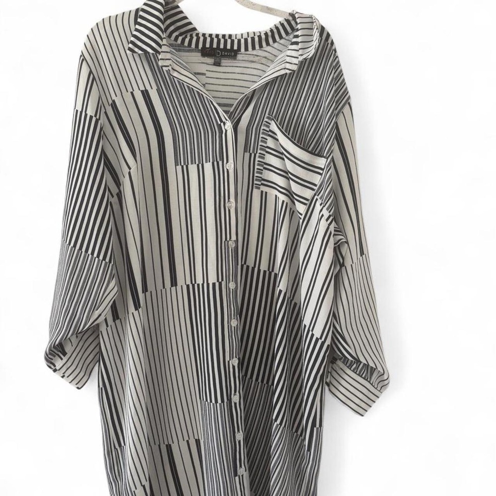 Fred David Black & White Striped Button Down Tunic Blouse Size 3X